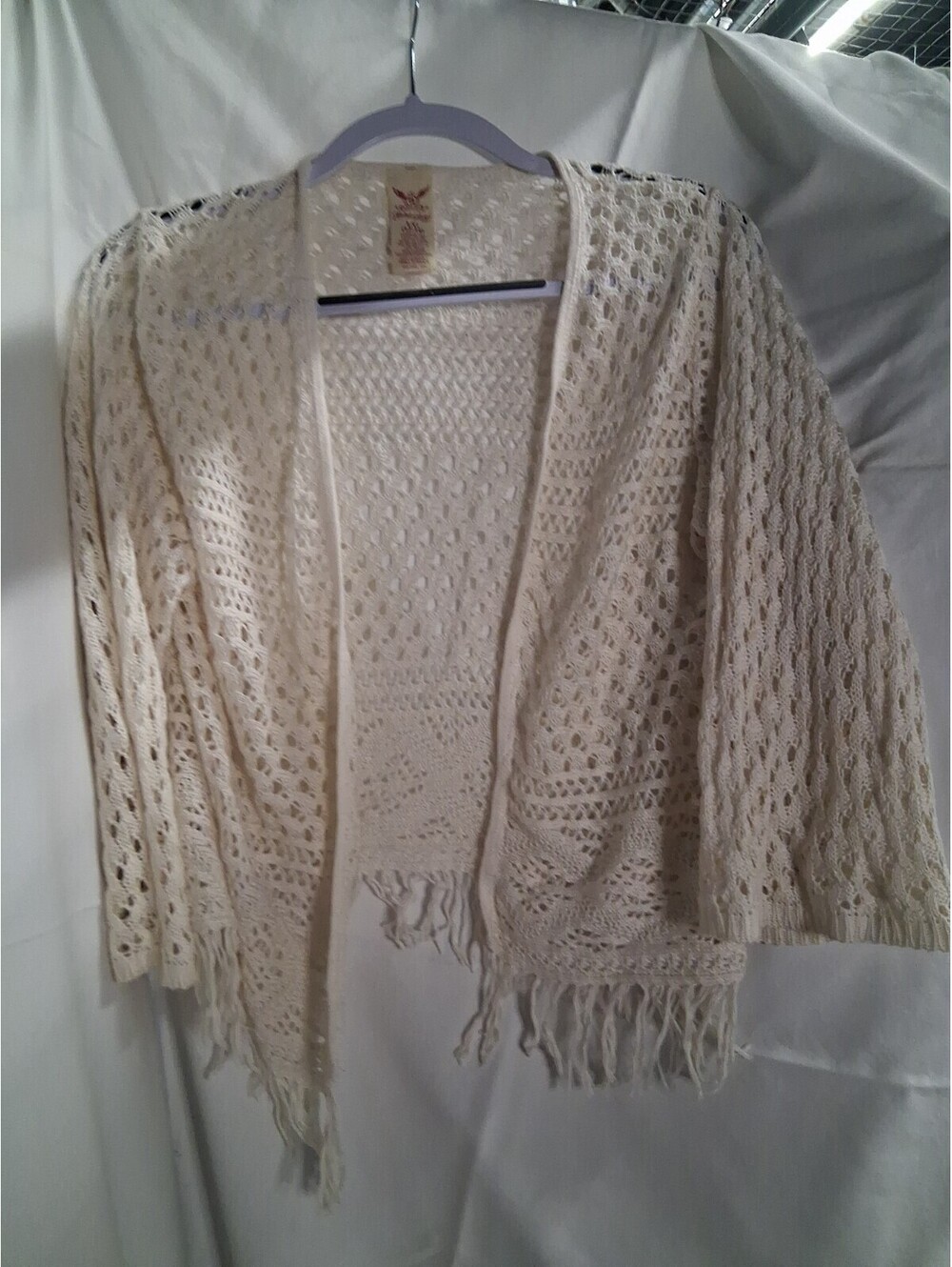Womens Open Front Knit Cardigan Fringe Hem Sz Large Cream Ivory Boho Hippie M2
